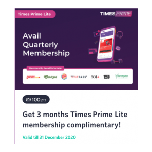 Get FREE 3 months Times prime membership through 100 Insider points